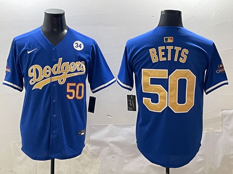 Men Los Angeles Dodgers #50 Betts Blue Champion gold character 2025 Nike MLB Jersey style 4124->los angeles dodgers->MLB Jersey